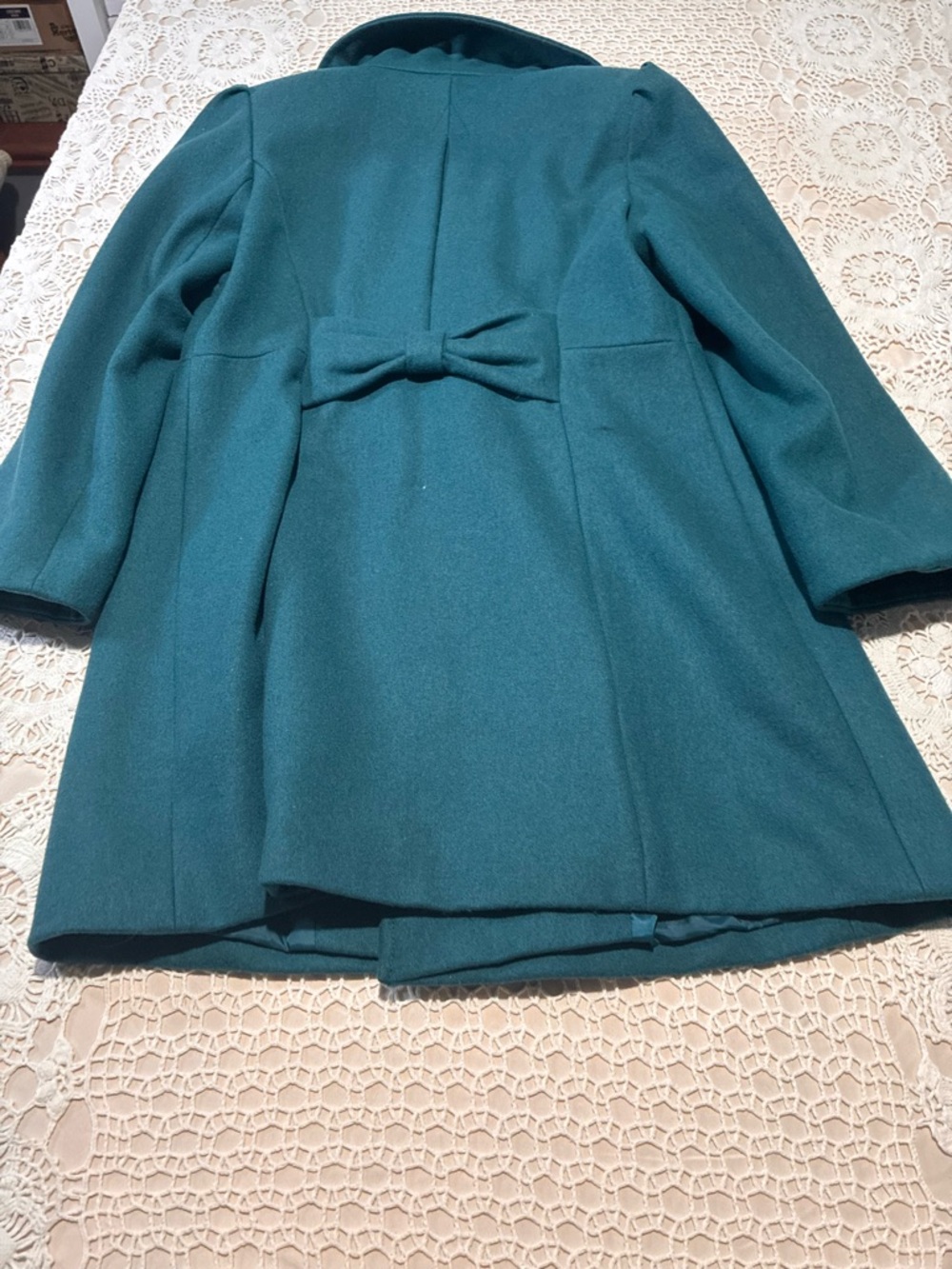 Women’s S Teal Mid-Length Pea Coat Bow Accent Double-Breasted Collared Long slv - Picture 10 of 14